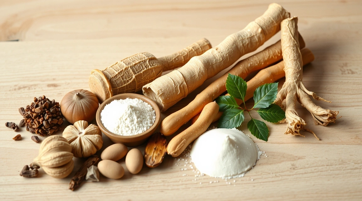 Varietà di erbe adattogene come ashwagandha, reishi e ginseng, disposte artisticamente su un tavolo di legno chiaro