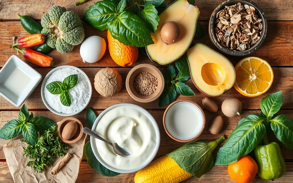 Piante medicinali e ingredienti naturali su un tavolo di legno, con luce soffusa