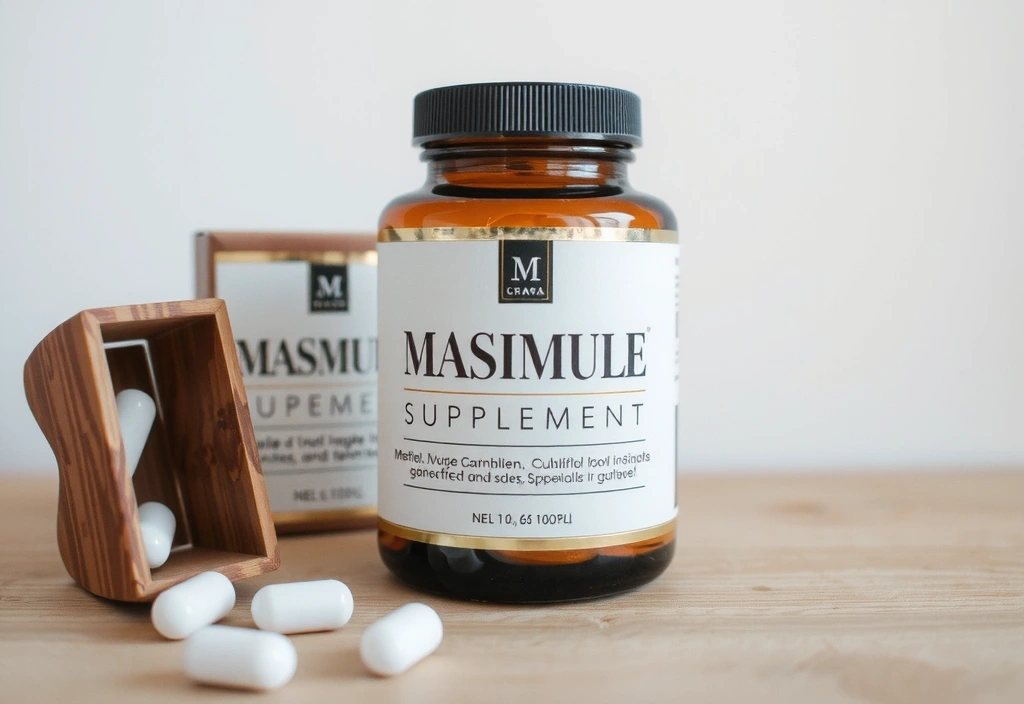 Integratore maschile in una confezione elegante su sfondo naturale